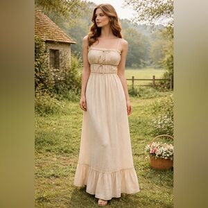 Cottagecore Sincerely Jules Cream Smocked Peasant Maxi Bohemian Tiered Dress M